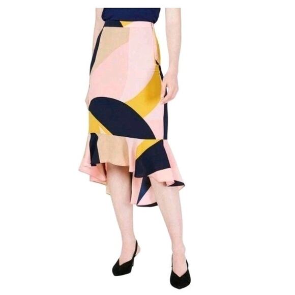 Bar lll Womens Multi Colored Abstract Geo Print Ruffle Hem High Low Skirt 12 NWT - Picture 1 of 12